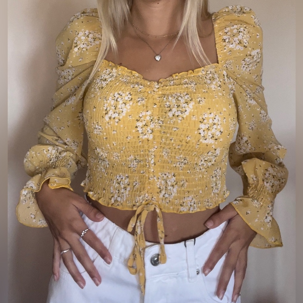 Small Yellow Ditsy Floral Long Sleeve Crop Top